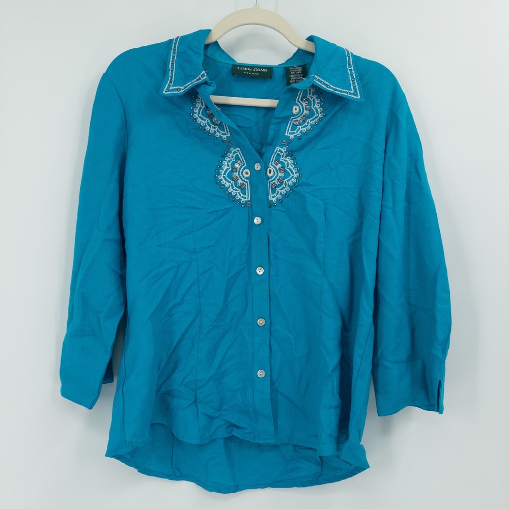 Vintage Lemon Grass Studio‎ Blouse Womens M Teal Embroidered Beaded Linen Boho